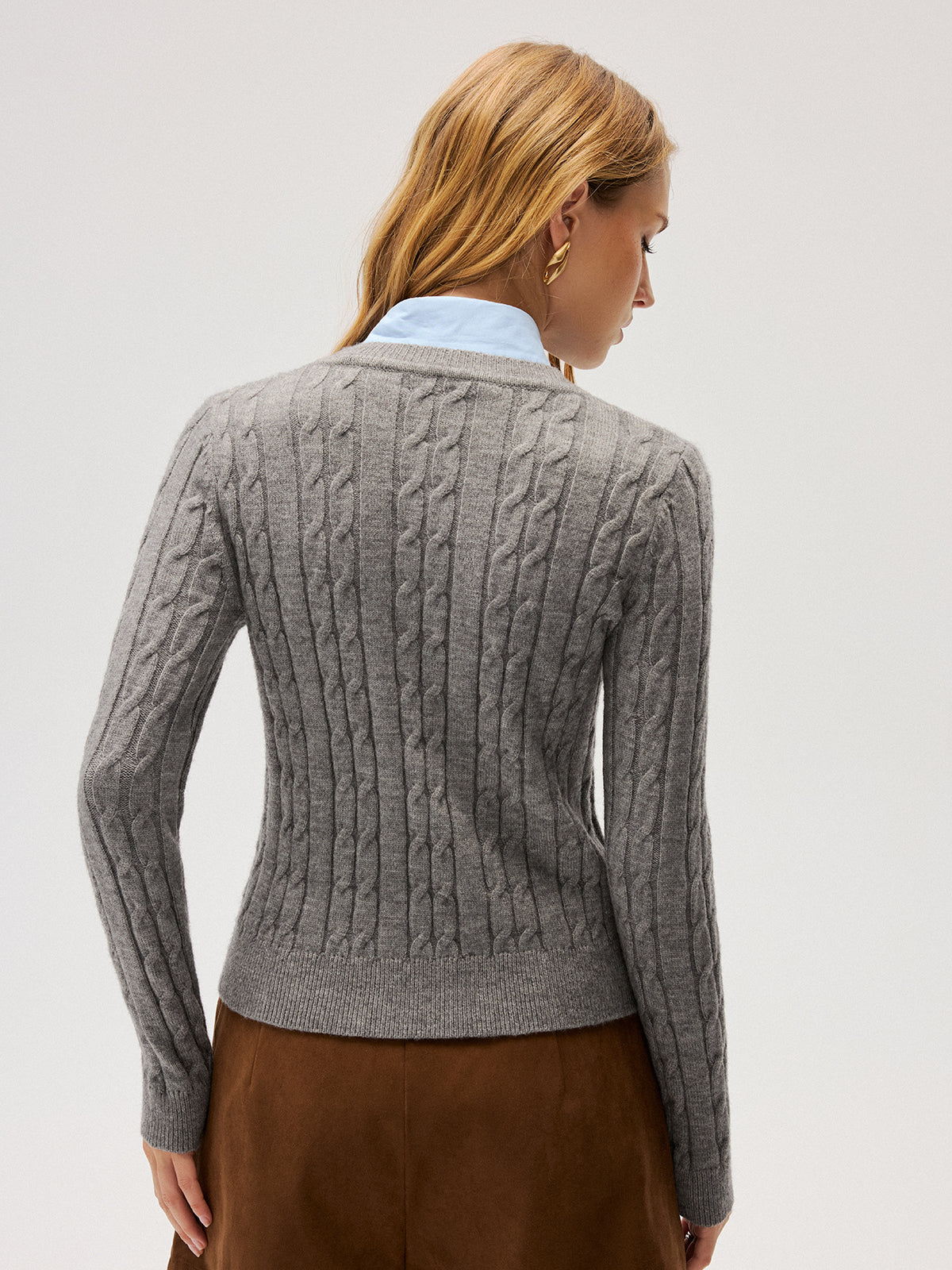 2 in 1 Contrast Shirt Collar Cable-Knit Sweater