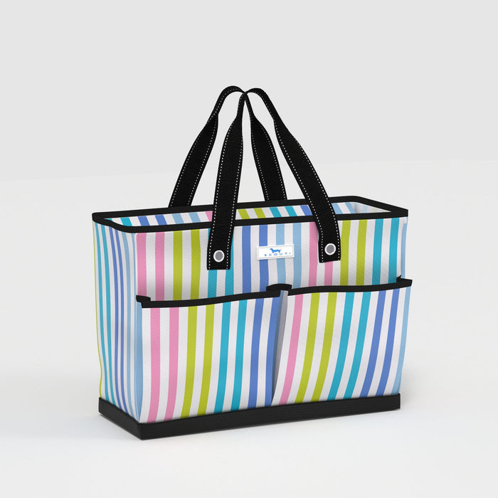 Striped tote bag with black handles on a white background