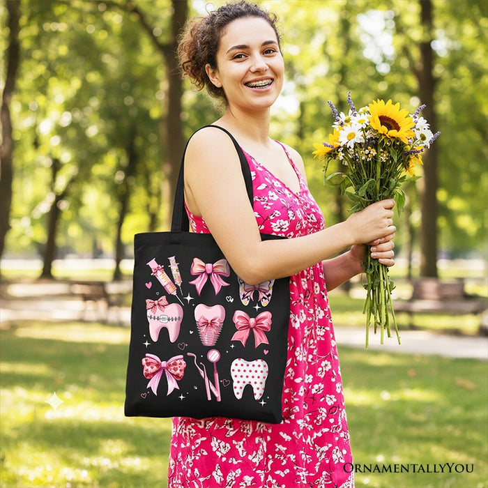 Dental Squad Coquette Canvas Tote Bag, Pink Teeth Dentist Life Bow Gift Shopper Tote Bag OrnamentallyYou