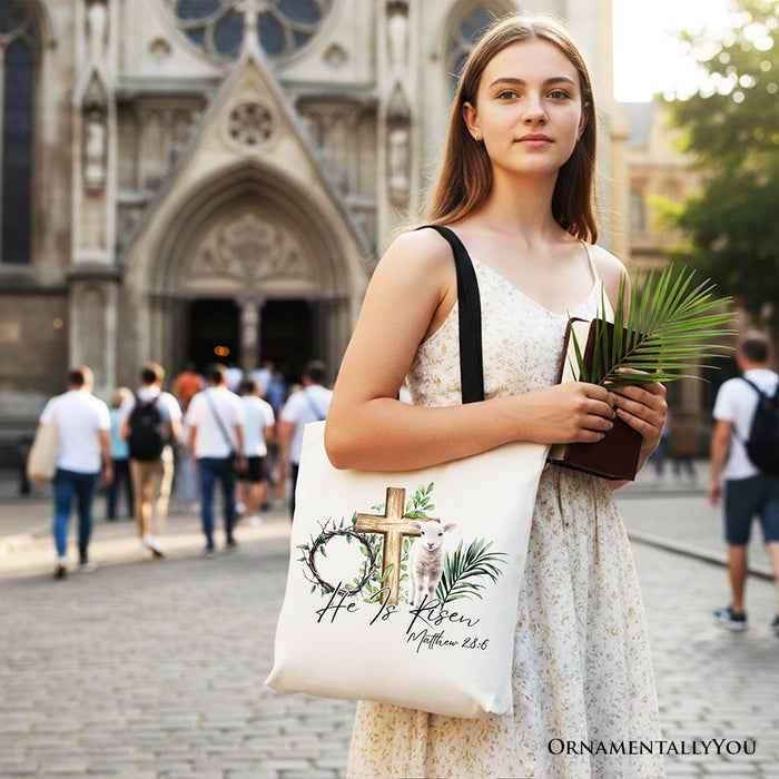He Is Risen Lamb Cross Christian Easter Tote Bag, Bible Verse Matthew 28:6 Gift Shopper Tote Bag OrnamentallyYou