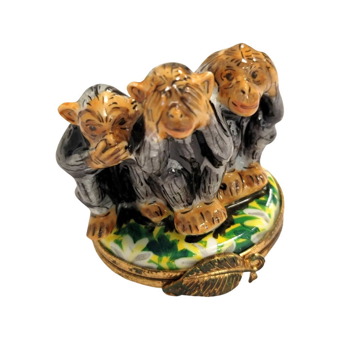 Three Wise Monkeys Figurine Porcelain Limoges wild animals religion French Trinket Box