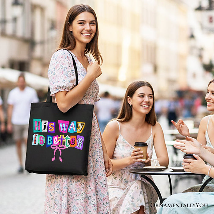 His Way Is Better Christian Canvas Tote Bag, Retro Preppy Coquette Faith Gift Shopper Tote Bag OrnamentallyYou