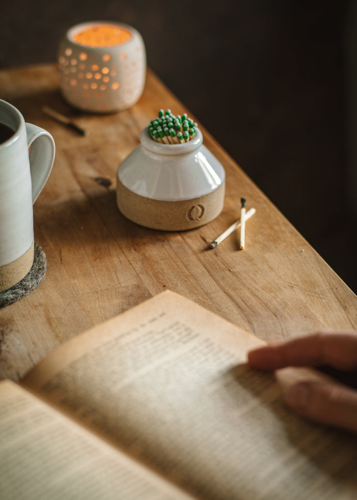 Milk Bottle Stoneware Match Striker — match striker in a candlelit grouping; Farmhouse Pottery