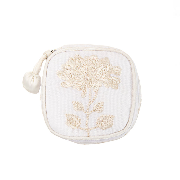 Ivory Peony jewelry box, viewed from above, with embroidered flower and tassel by Lenora