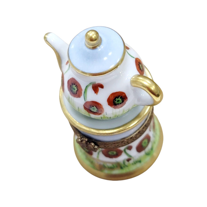 Elegant Red Flower Teapot Porcelain Limoges China French Trinket Box
