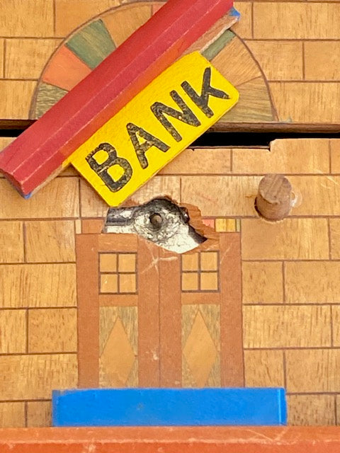 REPAIRABLE Vintage Japanese House Puzzle Box Bank with key- RARE!