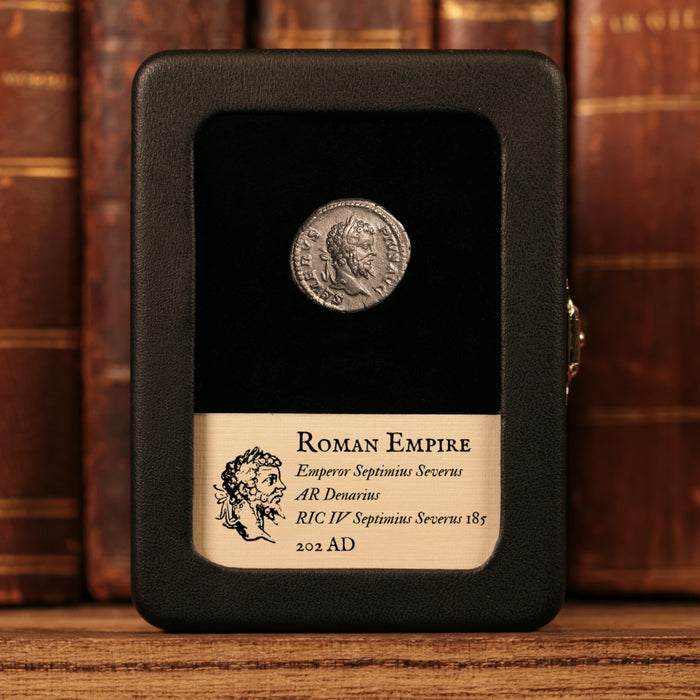 Rome, Emperor Septimius Severus, AR Denarius, War Trophy Reverse - 202 CE - Roman Empire