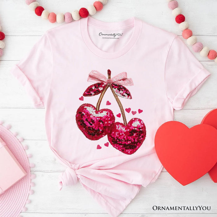 Sequin Pink Cherry Heart Valentine T-Shirt, Mood for Love Coquette Tee T-Shirts OrnamentallyYou Soft Pink XS