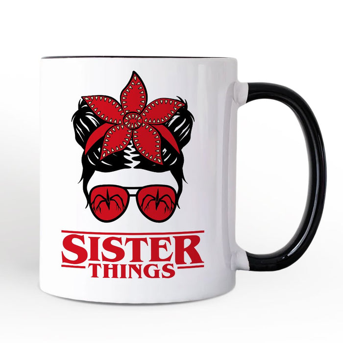 Sister Things Messy Bun Retro Personalized Mug, Red Bandana Glasses Family Matching Gift with Custom Name Personalized Ceramic Mug OrnamentallyYou Black Handle Non-Custom