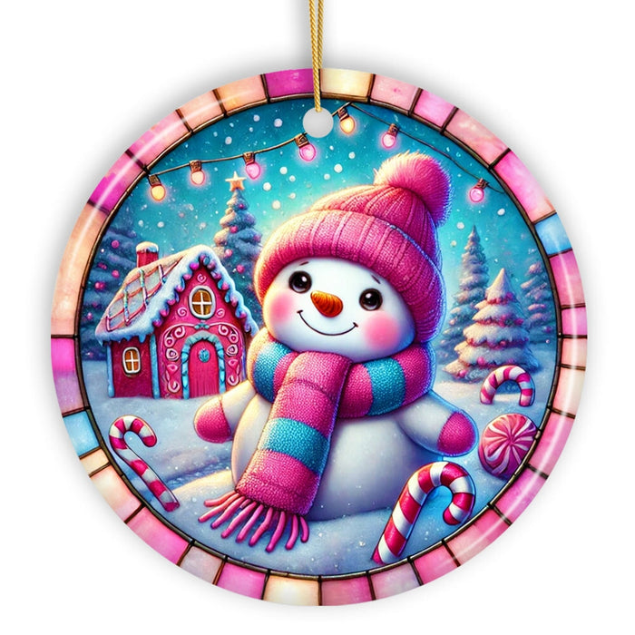 Snowman Candyland Pink Themed Ornament, Gift for Cozy Christmas Winter Wonderland Ceramic Ornament OrnamentallyYou