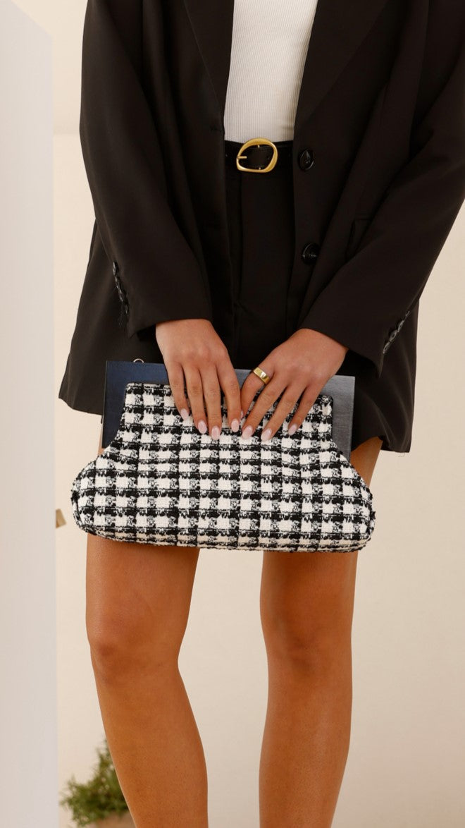 Zoey Boucle Timber Frame Clutch - Black/White