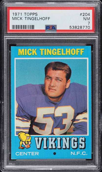 1971 Topps FB Card #204 Mick Tingelhoff Minnesota Vikings HOF PSA 7 NRMT (MGD2)