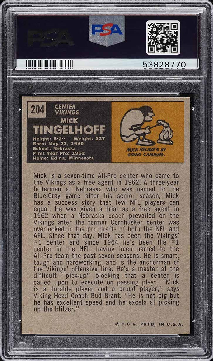1971 Topps FB Card #204 Mick Tingelhoff Minnesota Vikings HOF PSA 7 NRMT (MGD2)