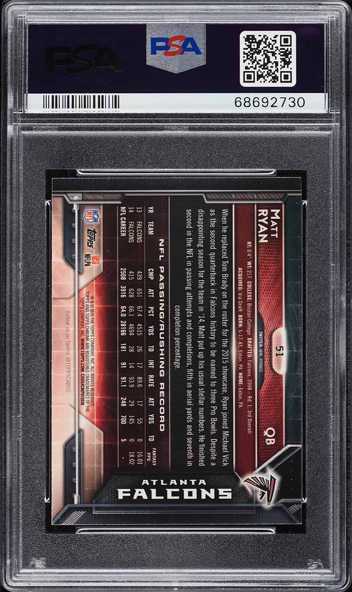 2015 Topps Chrome Mini FB Card # 51 Matt Ryan MVP PURPLE REFRACTOR PSA 9 MINT (MGD2)