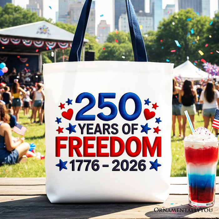 250 Years Freedom Faux Varsity Patch Tote Bag, 4th of July USA Patriotic 1776–2026 Gift Shopper Tote Bag OrnamentallyYou Navy Handle