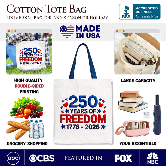 250 Years Freedom Faux Varsity Patch Tote Bag, 4th of July USA Patriotic 1776–2026 Gift Shopper Tote Bag OrnamentallyYou