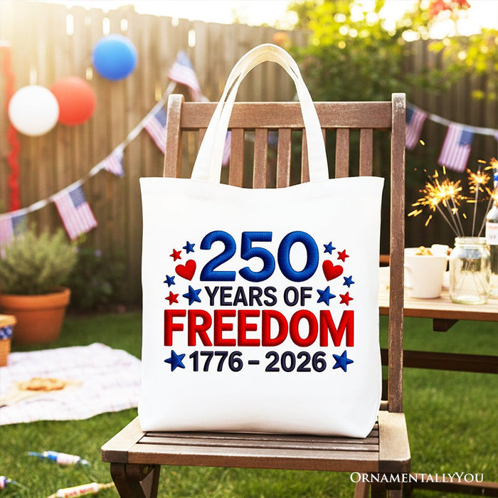 250 Years Freedom Faux Varsity Patch Tote Bag, 4th of July USA Patriotic 1776–2026 Gift Shopper Tote Bag OrnamentallyYou White