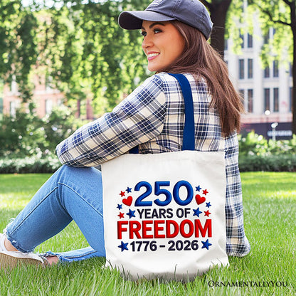 250 Years Freedom Faux Varsity Patch Tote Bag, 4th of July USA Patriotic 1776–2026 Gift Shopper Tote Bag OrnamentallyYou