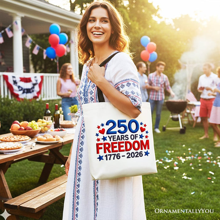 250 Years Freedom Faux Varsity Patch Tote Bag, 4th of July USA Patriotic 1776–2026 Gift Shopper Tote Bag OrnamentallyYou
