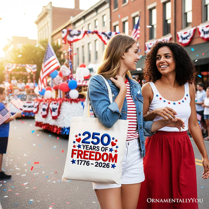 250 Years Freedom Faux Varsity Patch Tote Bag, 4th of July USA Patriotic 1776–2026 Gift Shopper Tote Bag OrnamentallyYou