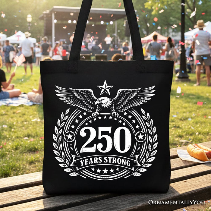 America 250 Years Strong Eagle Tote Bag, 4th of July USA Patriotic 1776–2026 Gift Shopper Tote Bag OrnamentallyYou Black