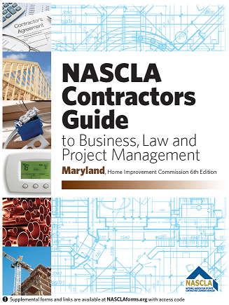 Cover of NASCLA Contractors Guide to Business, Law, and Project Management Maryland 6th Edition with construction and blueprint visuals