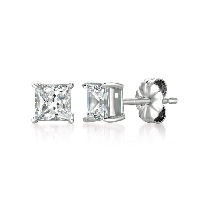 Pair of silver stud earrings with clear gemstones on a white background