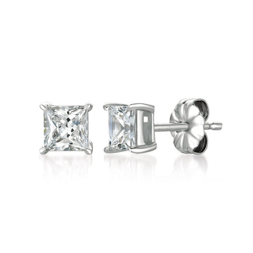 Pair of silver stud earrings with clear gemstones on a white background