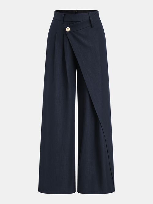 Asymmetric Buckle-Accented Wide-Leg Pants
