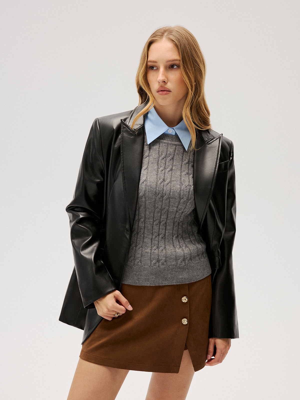 2 in 1 Contrast Shirt Collar Cable-Knit Sweater