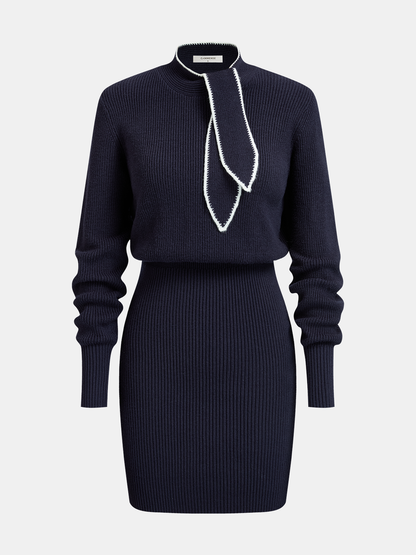Contrast-Trim Tie-Neck Knit Midi Dress