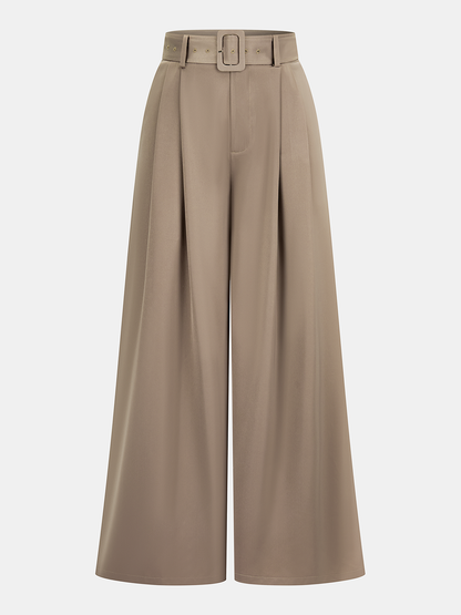Belted Satin Pleated Wide-Leg Pants