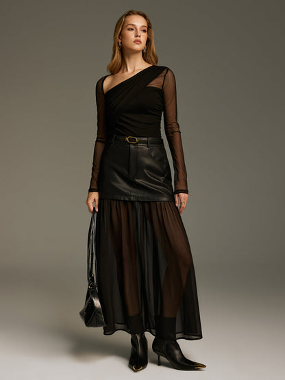 Asymmetric Neck Mesh Long-Sleeve Bodysuit