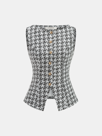 Metal Button Houndstooth Vest & Mini Skirt Set