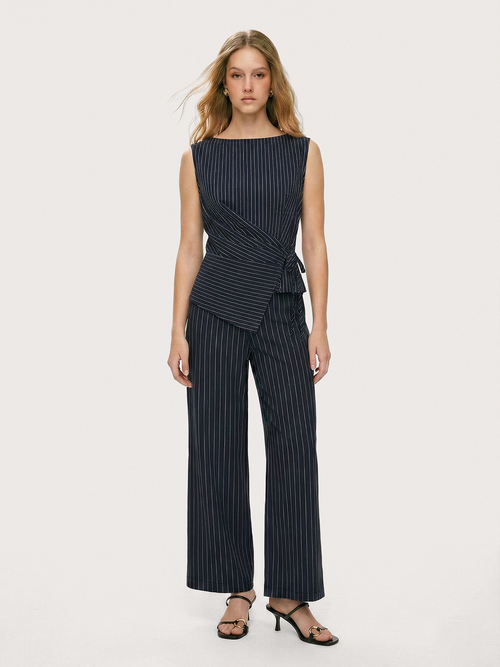 Pinstripe Wrap Top & Wide-Leg Pants Set