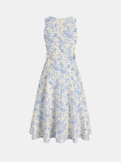 Sleeveless Floral Belted Asymmetrical Dress