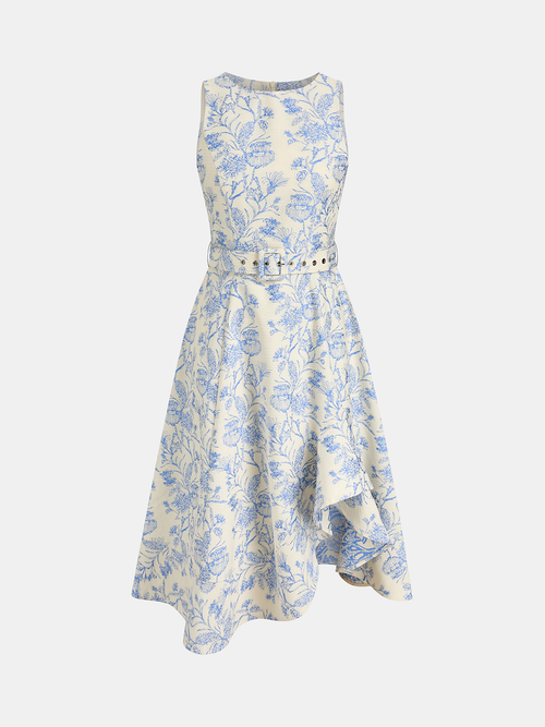 Sleeveless Floral Belted Asymmetrical Dress
