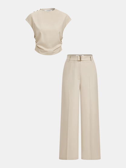 Sleeveless Ruched Top & Wide-Leg Pants Set