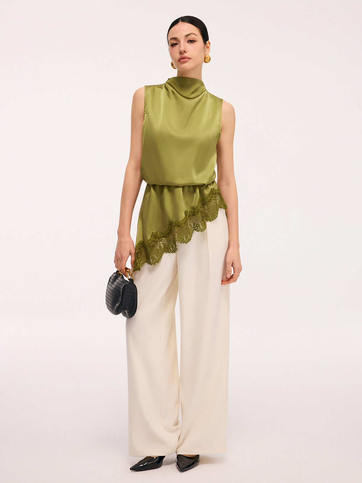 Lace Trim Satin Sleeveless Blouse