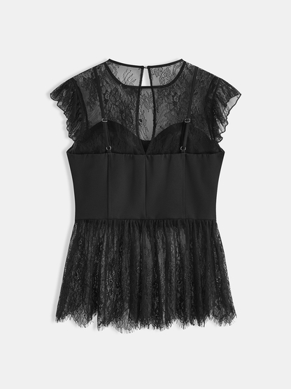 2 in 1 Semi-Sheer Lace Panel Blouse