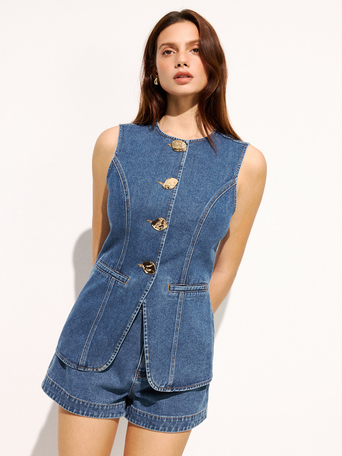 Large Button Sleeveless Denim Top & Shorts Set