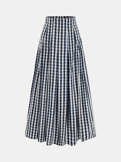 Gingham High-Waisted Pleated Midi Skirt