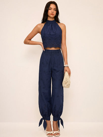 Eyelet Embroidery Top & Tie-Cuff Pants Set