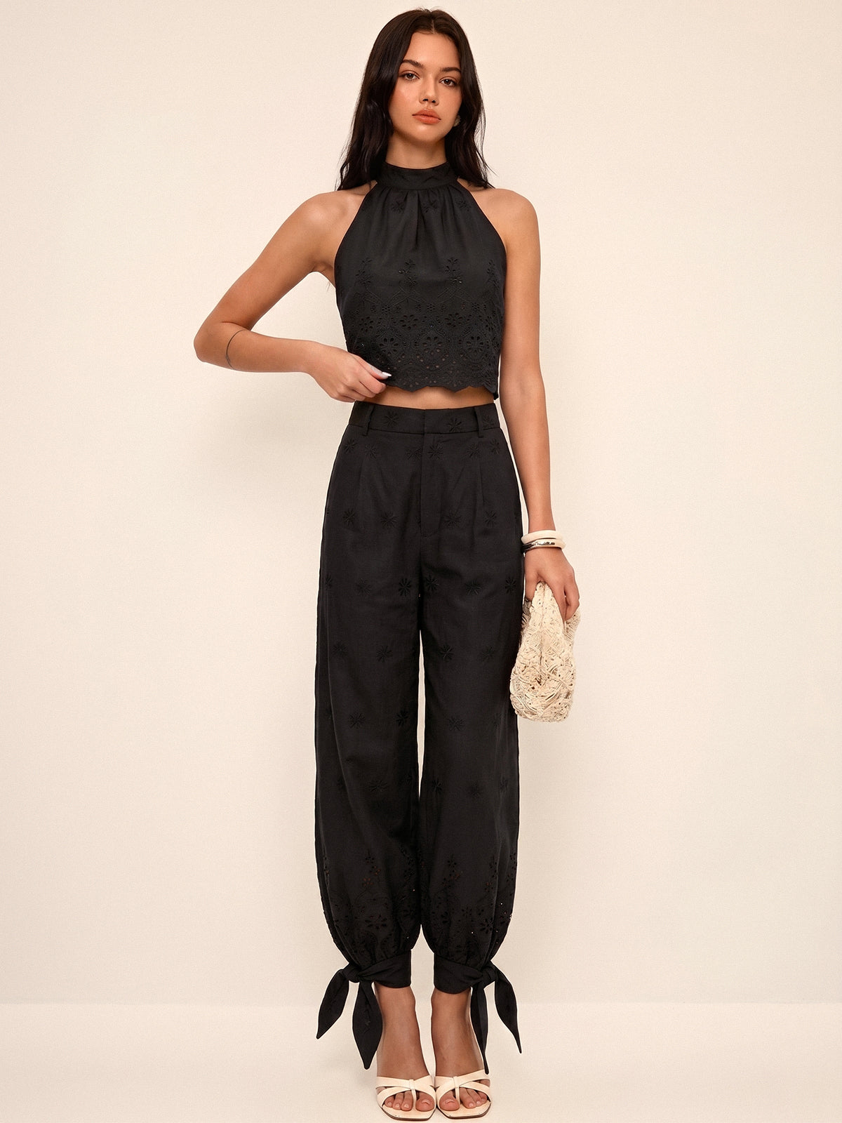 Eyelet Embroidery Top & Tie-Cuff Pants Set