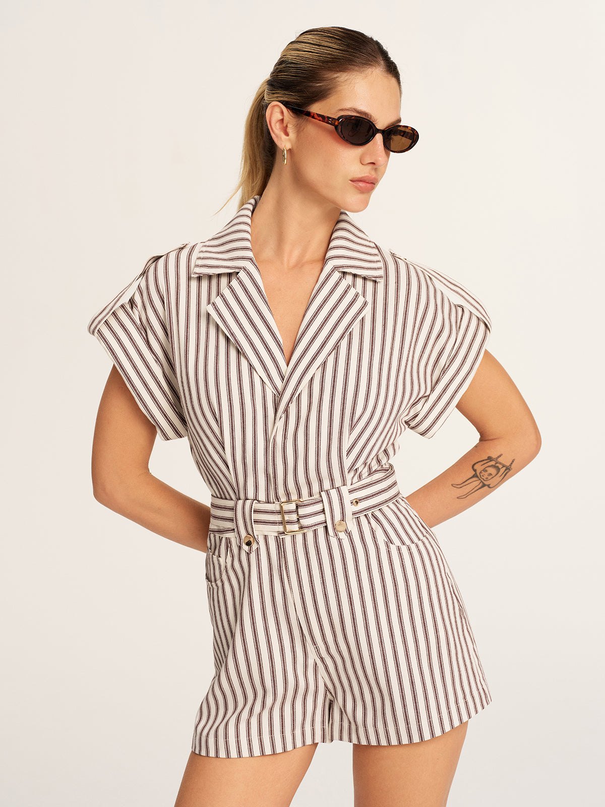 Cotton Striped Belted Lapel Romper