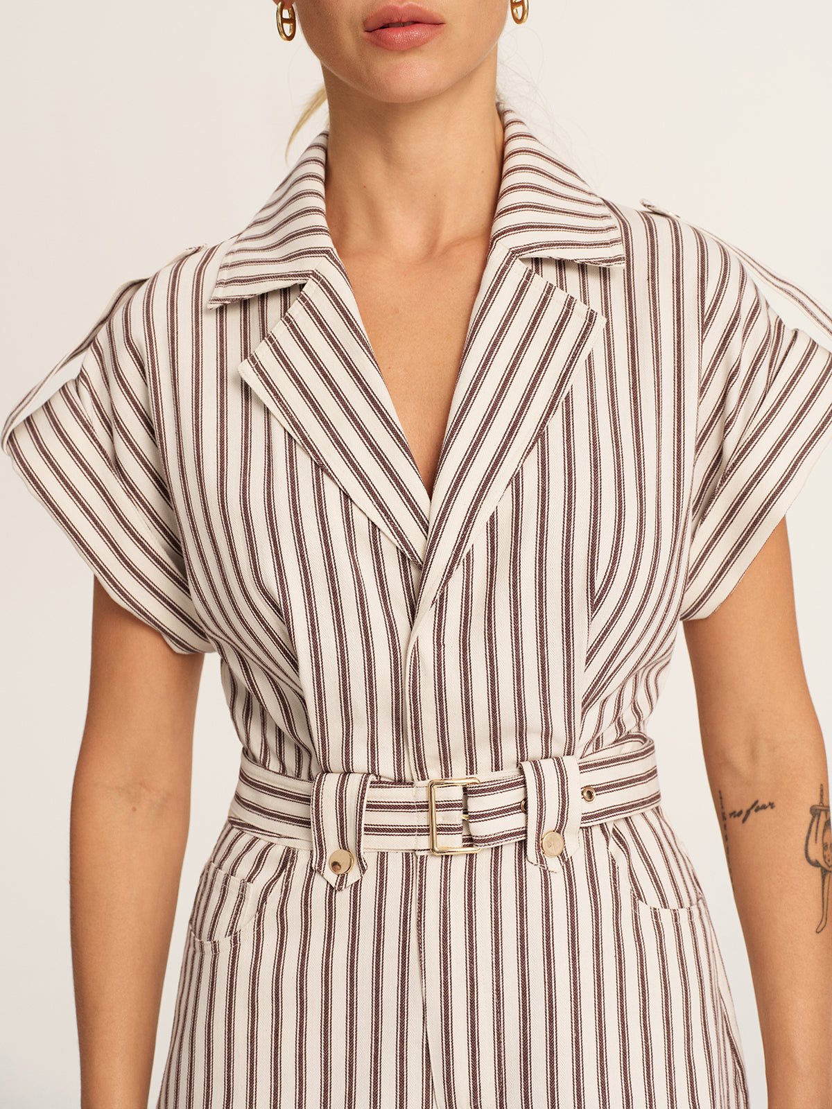 Cotton Striped Belted Lapel Romper