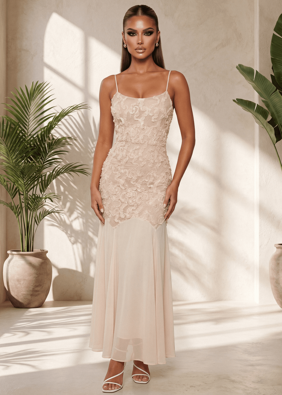 Forever Begins 3D Flower Maxi Dress - Beige
