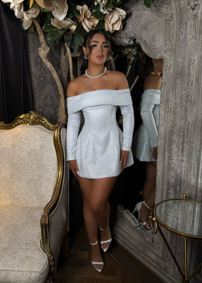 Glimmering Dream Bardot Structured Mini Dress - White Sparkle