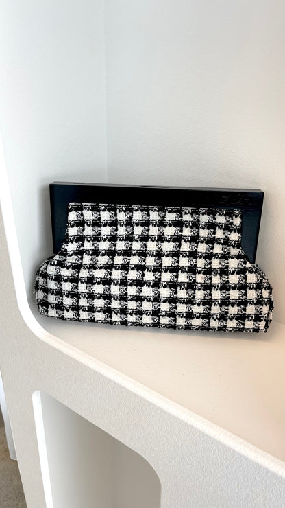 Zoey Boucle Timber Frame Clutch - Black/White