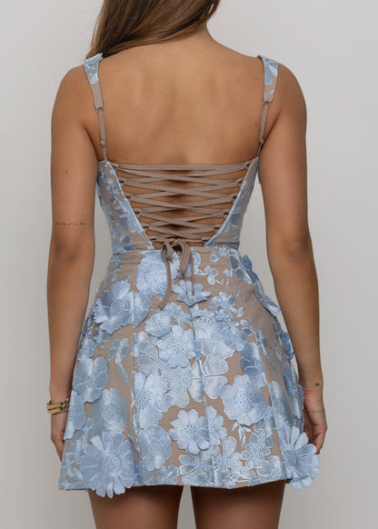 Second Guessing Structured Floral Mini Dress - Blue